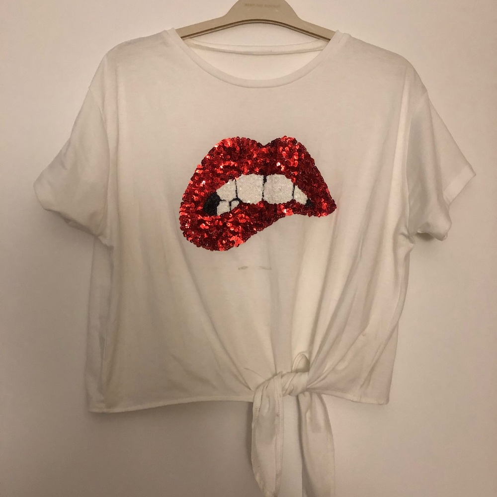 Sequin Lips tie-front shirt